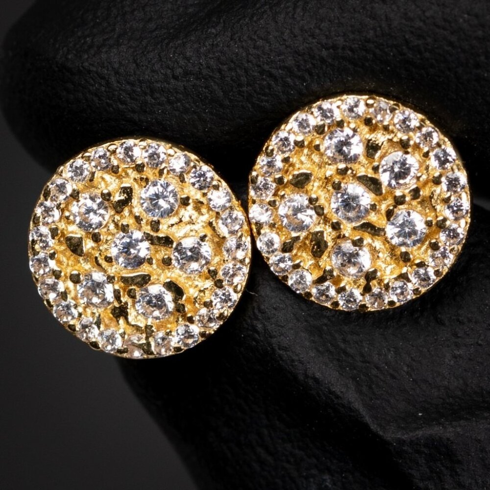 Iced Cz 14K Gold Plated Round Nugget Hip Hop Stud Men's Screw Back Earrings